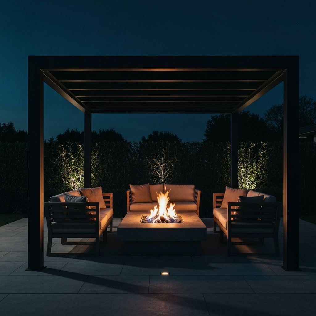 Luxury outdoor pergola with fire pit